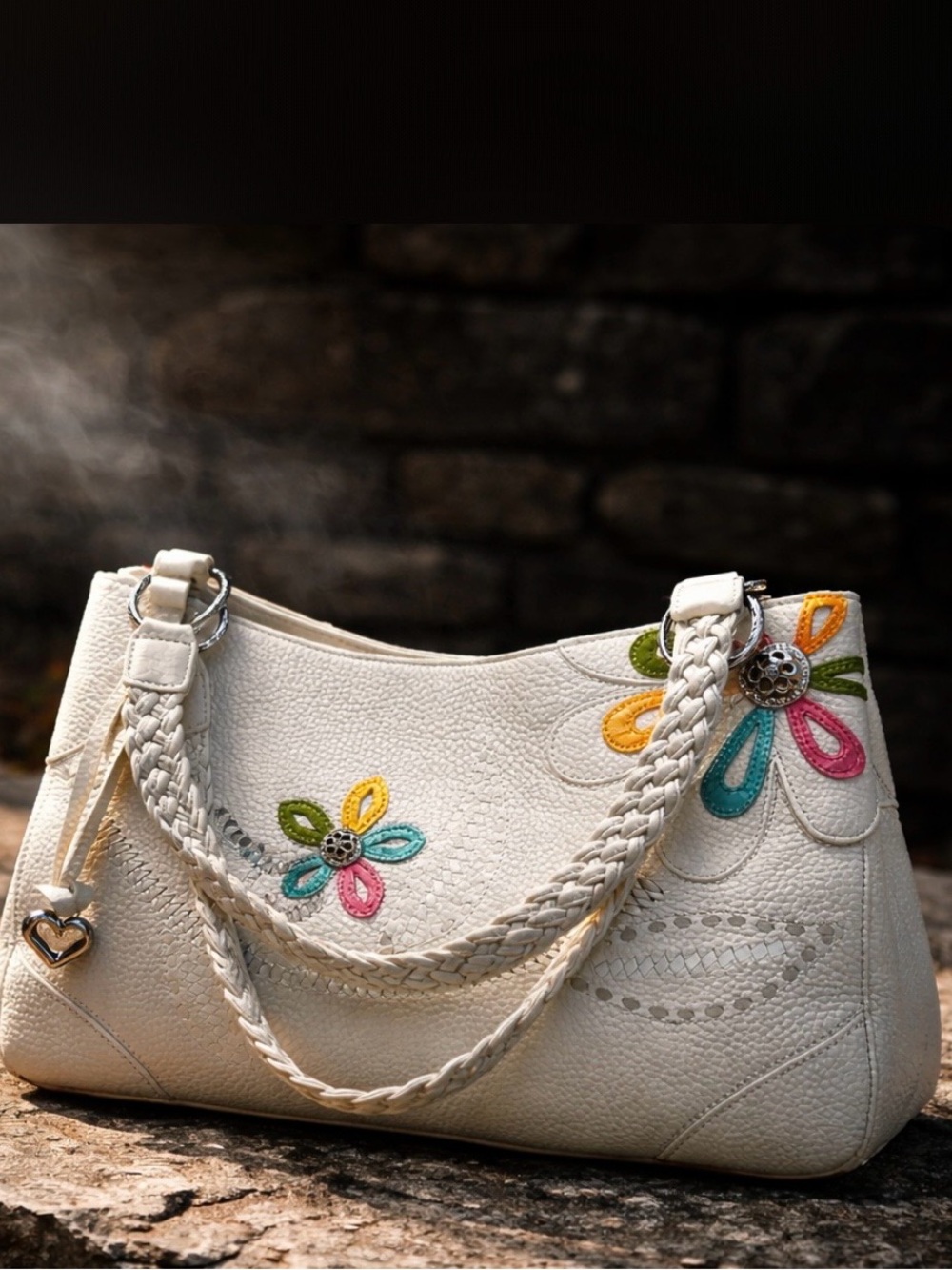 Brighton White Leather Shoulder Bag with Colorful Floral Accents